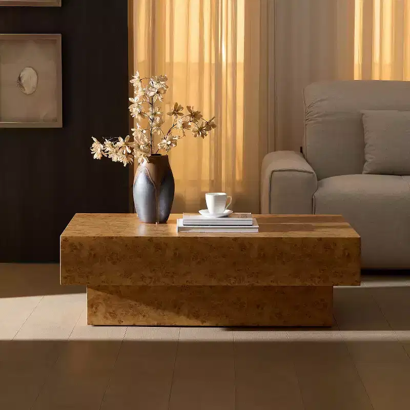 43 Modern Coffee Table, Faux Burl Wood Rectangular Center Table with MDF Pedestal Base for Living Room, Office, or Apartment - Panipeachy
