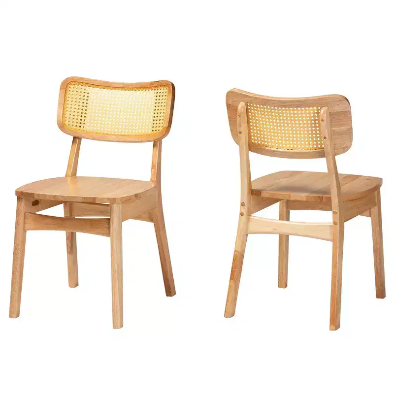 Baxton Studio 2pc Tadeo Wood and Rattan Dining Chair Set Oak Brown/Light Brown: Rubberwood Frame, Spot Clean