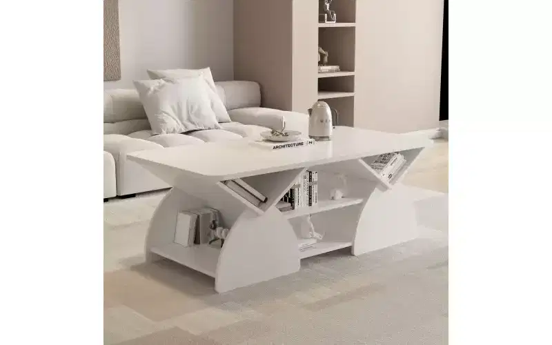 Rectangular Coffee Table with Open Shelves and Engineered Wood Frame, Easy Assembly Storage Table for Living Room or Home Office