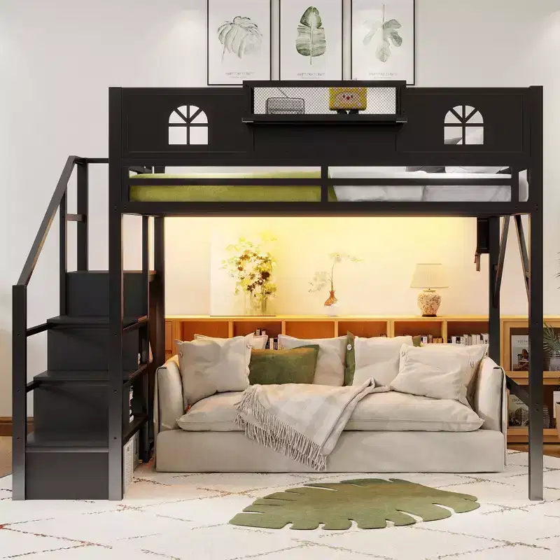 ModernLuxe Full/Queen Loft Bed with Stairs & Built-in Wardrobe, Metal Bed Frame with LED Lights, USB Charging Station & Storage Shelves