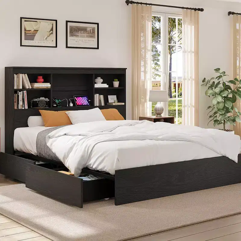 Coolmee Bed Frame with High Storage Bookcase Headboard, 4 Drawers & Built-in Charging Station, Metal Frame Noise-Free No Box Spring Needed