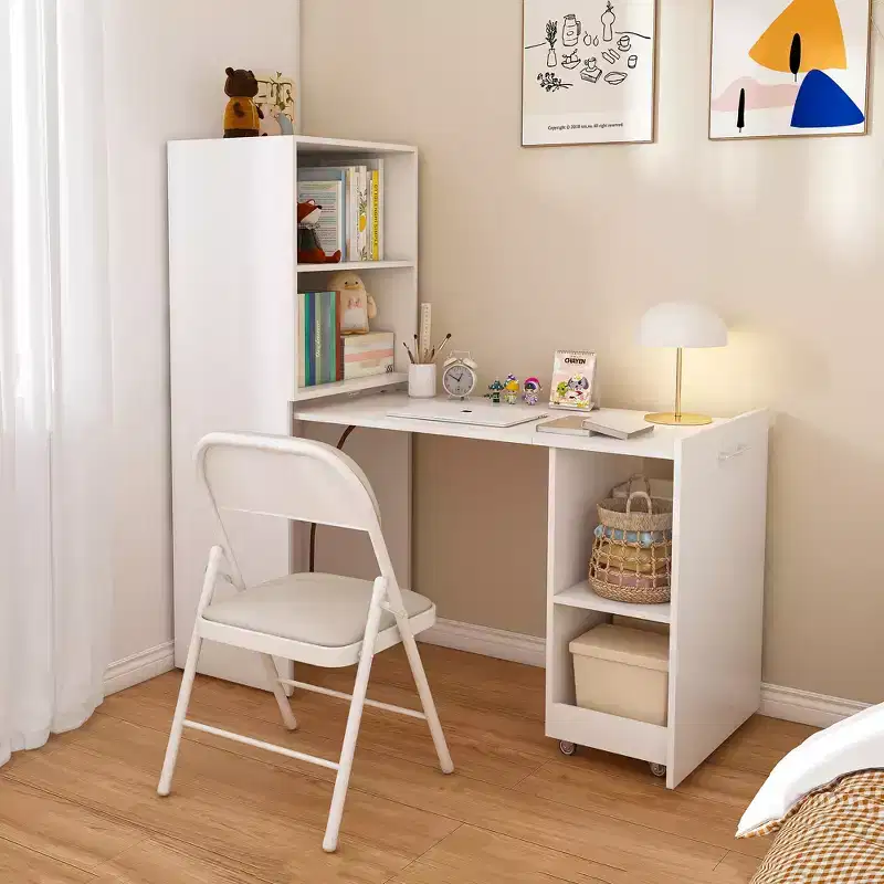 Extendable Desk with Storage Shelves & Casters, Foldable Design for Small Spaces & Offices (White)