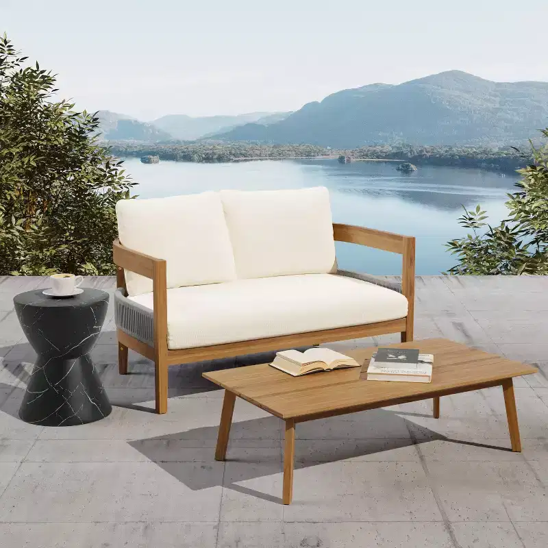 Christopher Knight Home Fawn Modern Outdoor Acacia Wood Loveseat and Table Set, Beige/Teak