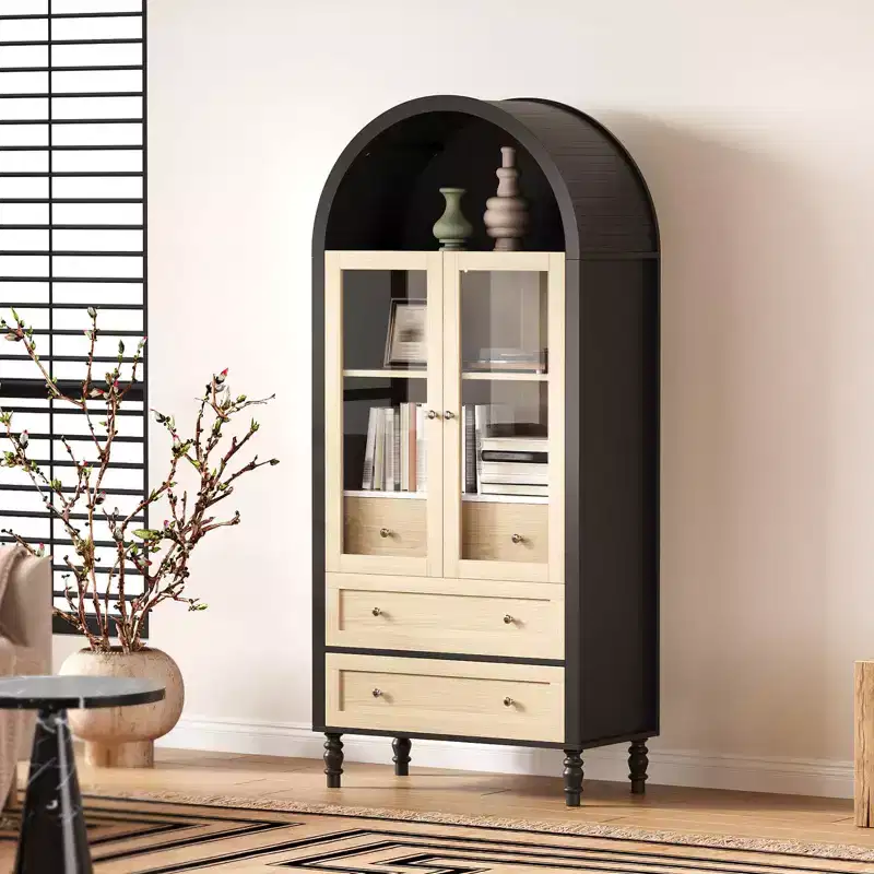 70 Tall Arched Storage Cabinet with Adjustable Shelves, Modern LED Lighted Wooden Pantry Cabinet with Tempered Glass Doors & 3 Drawers