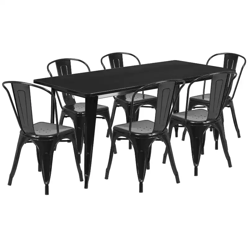 Flash Furniture Commercial Grade 31.5 x 63 Rectangular Metal Indoor-Outdoor Table Set with 6 Stack Chairs
