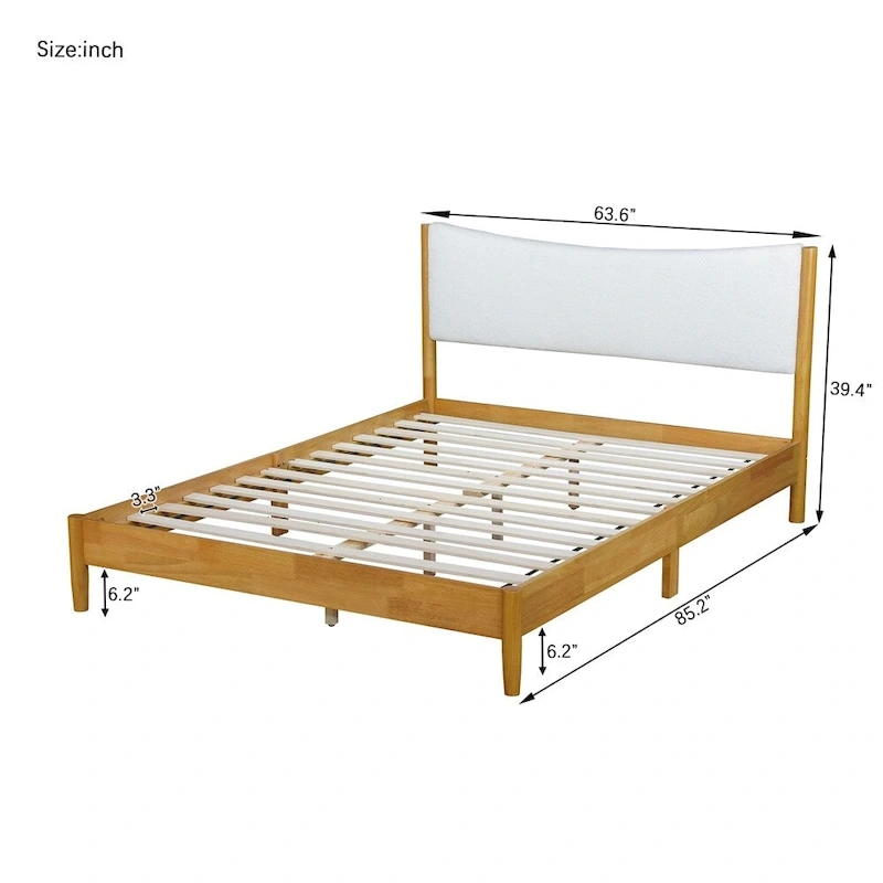 Queen Size Rubber Wooden,Solid Wooden Bed with Upholstered Headboard