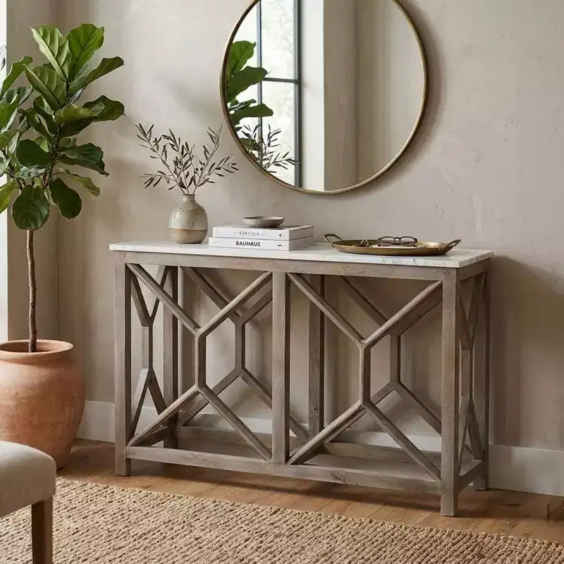 Royal Hampton Agas 41 Inch Sofa Console Table, White Genuine Marble Top, Sandblasted Washed Ash Gray Mango Wood Geometric Frame