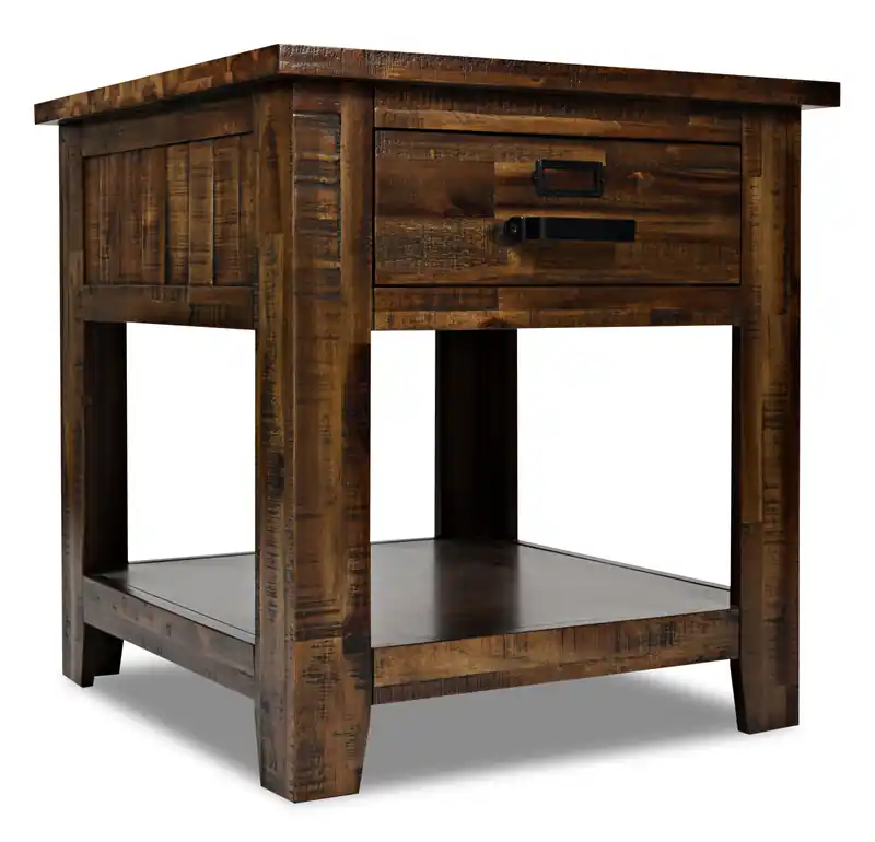 24 Rustic End Table with Storage and Shelf - Brown Wood