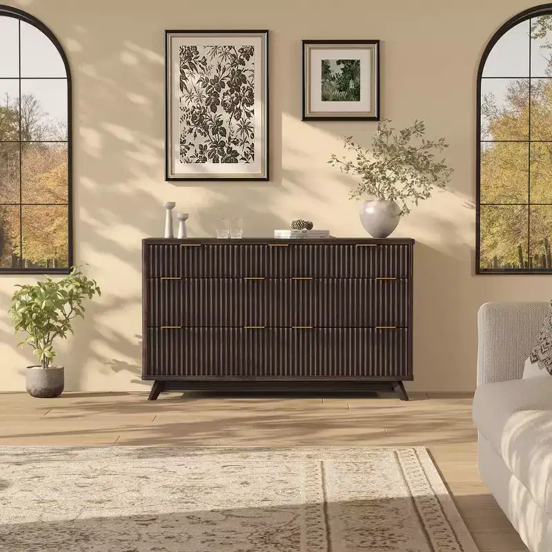 54 Wide 7-Drawer Fluted Dresser, Modern Curved Wood Chest with Tabletop Storage