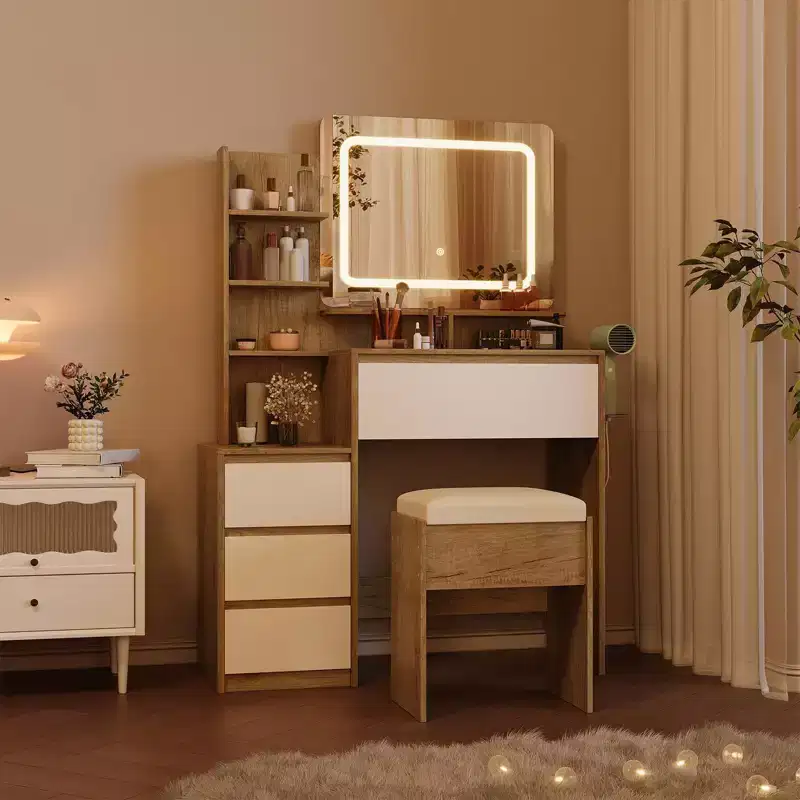 Vanity Desk with Mirror and Lights, Makeup Vanity with Power Outlet, Dressing Table with 4 Drawers, Storage Shelves & Stool for Bedroom