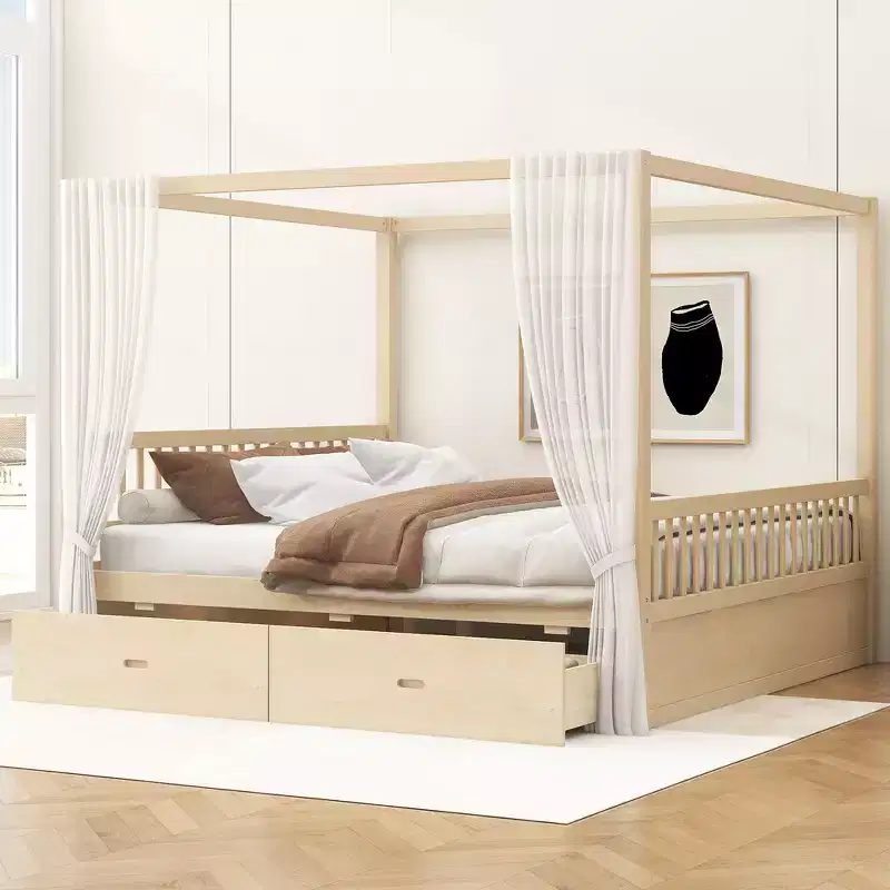 Queen Size Wooden Canopy Bed Frame with 2 Built-in Storage Drawers, Sturdy Durable Construction