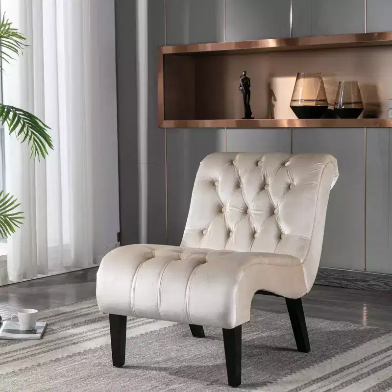 Modern Velvet Armless Accent Living Room Chair / Leisure Chair,Upholstered Fabric Button Comfortable Chair with Wooden Legs for Bedroom