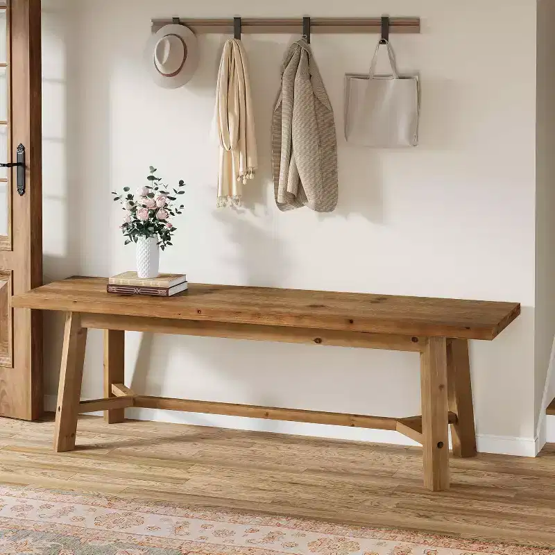 55 Solid Wood Bench, Farmhouse Long Bench Seat for Entryway, Dining Room, Living Room, Solid Wood, Rustic Brown