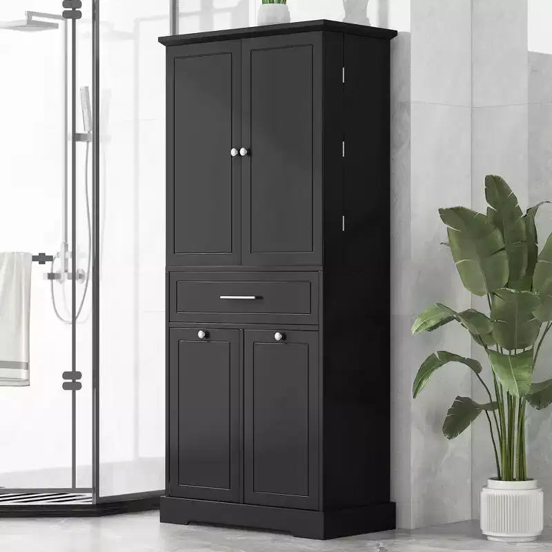 Tall Bathroom Storage Cabinet with Tilt-Out Laundry Hamper and Adjustable Shelf