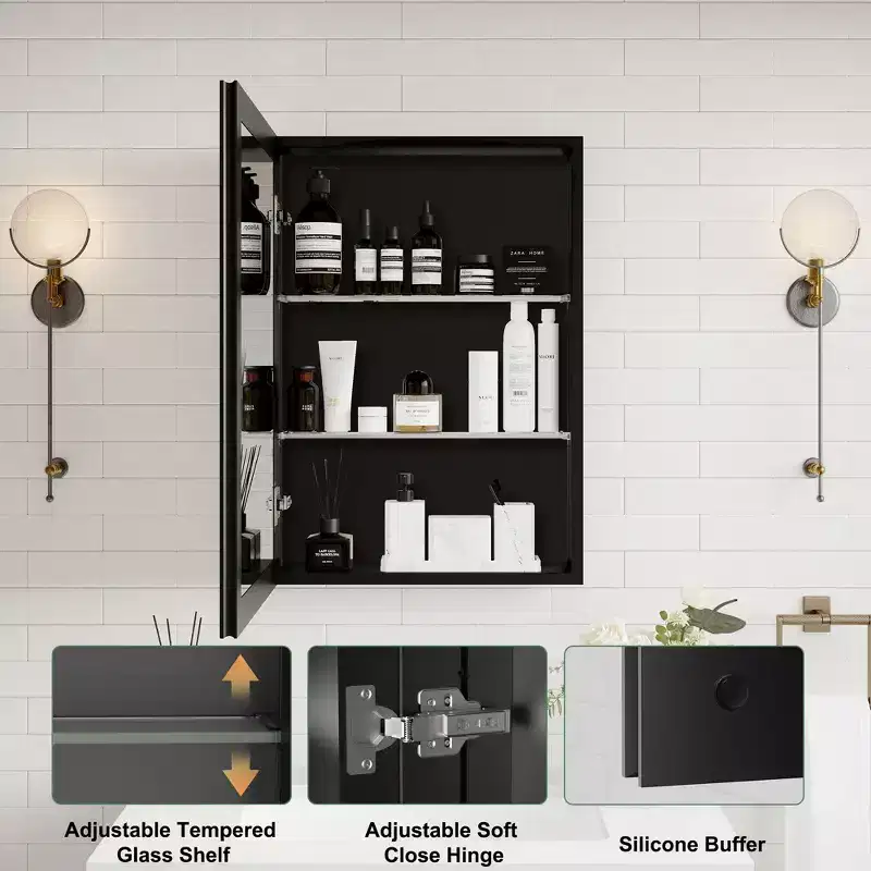 Belle Bathroom Medicine Cabinet with Beveled Mirror, Recessed or Wall Mount, Adjustable Tempered Glass Shelves