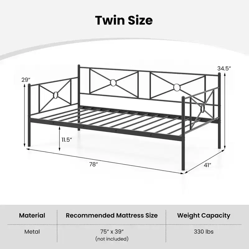 Costway Twin Metal Daybed Frame with Slats Classic Mattress Foundation Bed Sofa White\Black