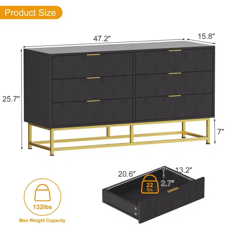 Modern Narrow 6 Drawer Fabric Dresser with Gold Handle for Bedroom, Closet & Living Room