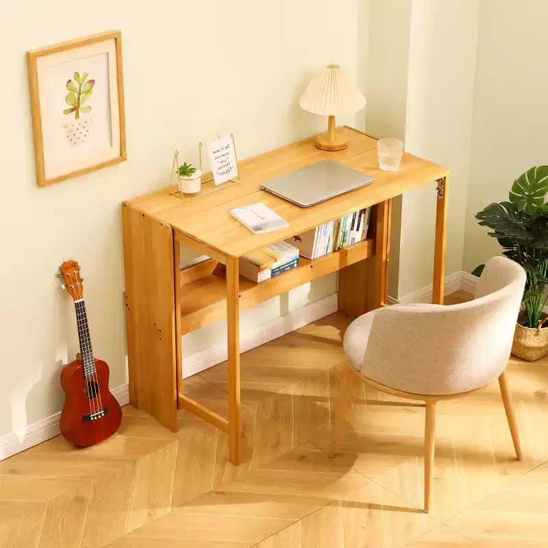 Bamboo Folding Desk, Space-Saving Computer Desk for Small Spaces, Foldable Study Table for Bedroom Home Office