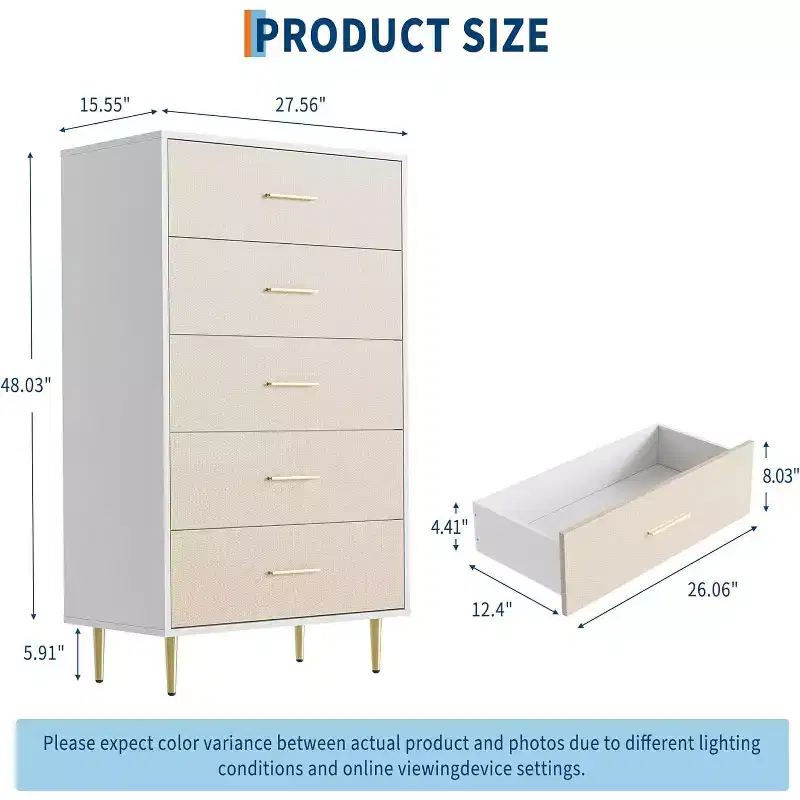 Modern White Dresser for Bedroom, Slim Drawer Dresser,Tall Narrow Chest of Drawers, Wooden Chest of Drawer with Metal Legs,(5drawers)