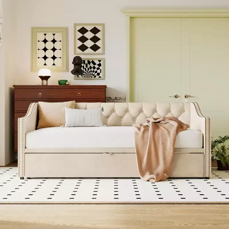 Twin Size Daybed with Pop-Up Trundle, Upholstered Sofa Bed with Backrest