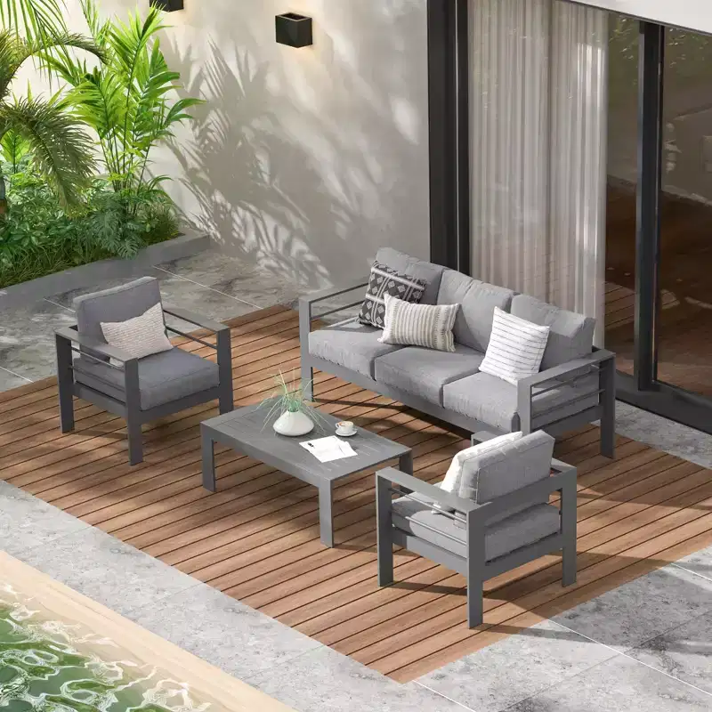 Heynemo Aluminum Outdoor Patio Furniture Set, 4 Pcs Modern Outdoor Conversation Set Sectional Sofa with Cushion and Coffee Table for Balcony