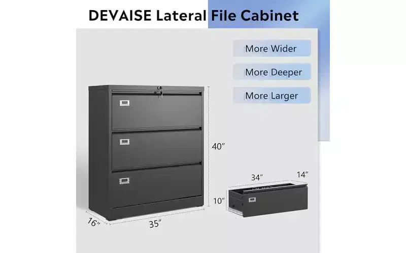 DEXYLLO Metal Lateral File Cabinet with Lock, 3 Drawer Filing Cabinet with Business Card Holder