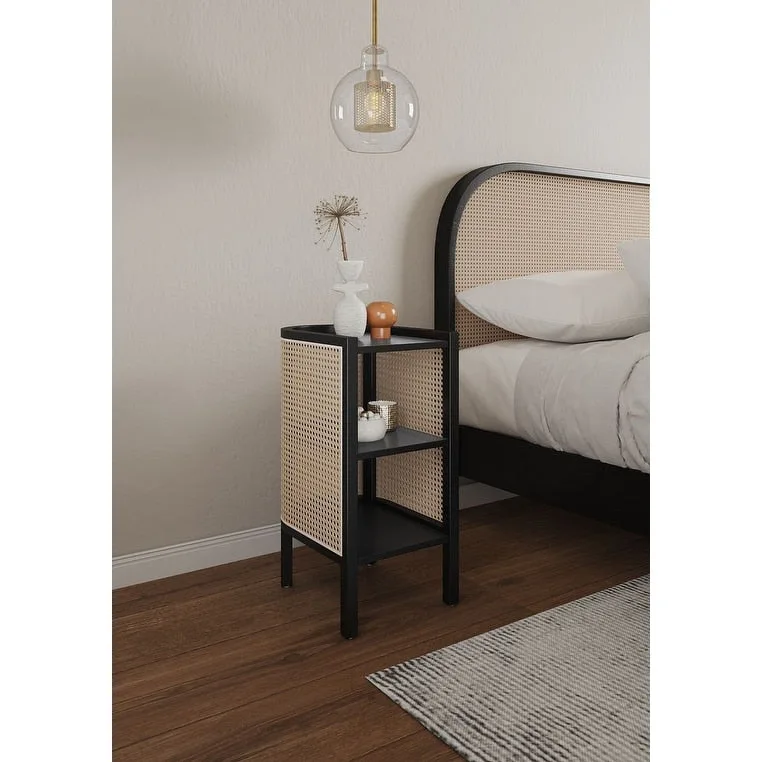 Side Table — Black with Natural Woven Rattan