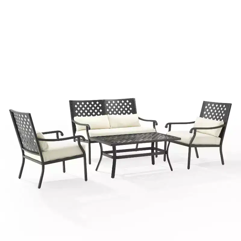 4pc Alistair Outdoor Steel Conversation Set Creme/Matte Black - Crosley: Weather-Resistant Patio Seating with Coffee Table