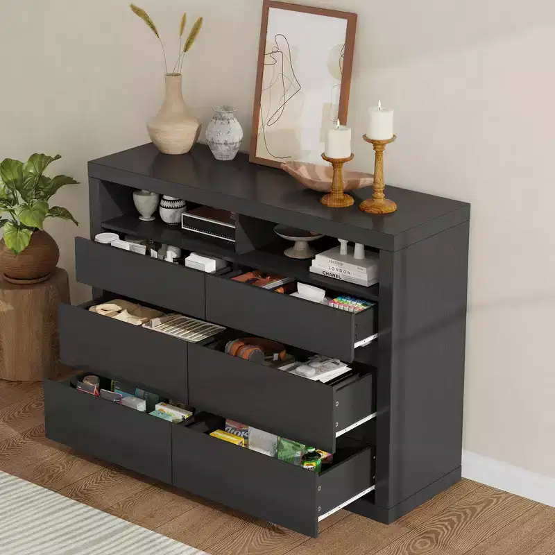 6 Drawer Dresser for Bedroom, Modern Mid Century Chest of Drawers with 2 Open Shelves, 47 Wide Wooden Double Dresser TV Stand for Closet, Living Room
