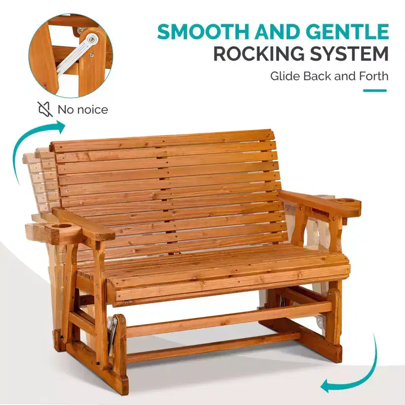 Karl Home | 48 in. Solid Wood Patio Glider Bench with Cup Holder
