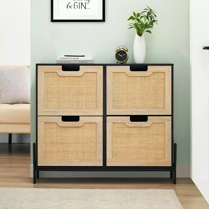 Acekool Rattan 4 Flip Drawer Shoe Cabinet with Metal Legs, Narrow Freestanding Shoe Organizer for Entryway