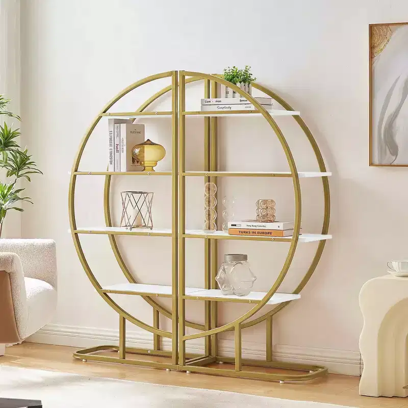 MAYEERTY 4 Tier Round Bookshelf, MDF Board Gold Metal Frame, Home Office, White
