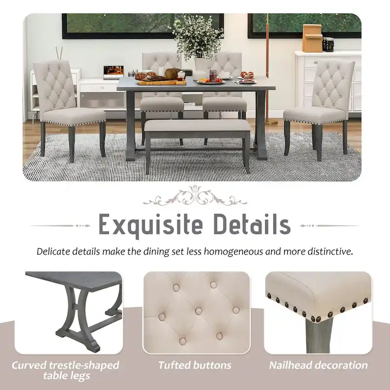 6-Piece Farmhouse Dining Table Set, Rectangular Trestle Table and 4 Upholstered Chairs & Bench