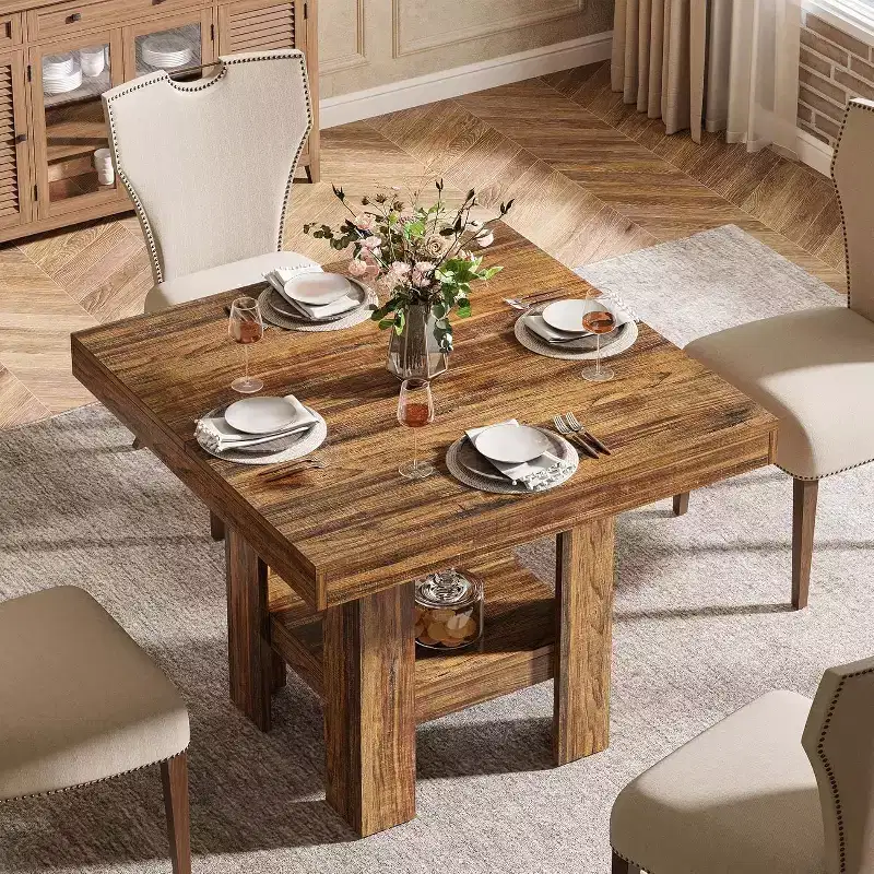 31.5 Square Dining Table for 4, Small Kitchen Table with Shelf Storage for Apartments, Offices, Living Rooms, Restaurants, Brown