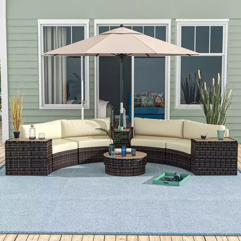 8 Piece Patio Furniture Set with 4 Rattan Sofa Chairs & 4 Tables with Storage & Umbrella Hole