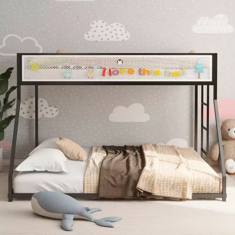 Nyrin Modern Metal Bunk Bed with Mesh Guard Rail, Low Profile and Ladder