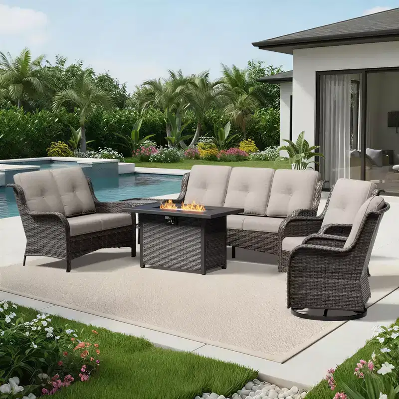 UPTIOT Premium 7-Piece Outdoor Set with 2-in-1 Fire Pit Table, 3-Seater Sofa, 2 Swivel Chairs & Loveseate