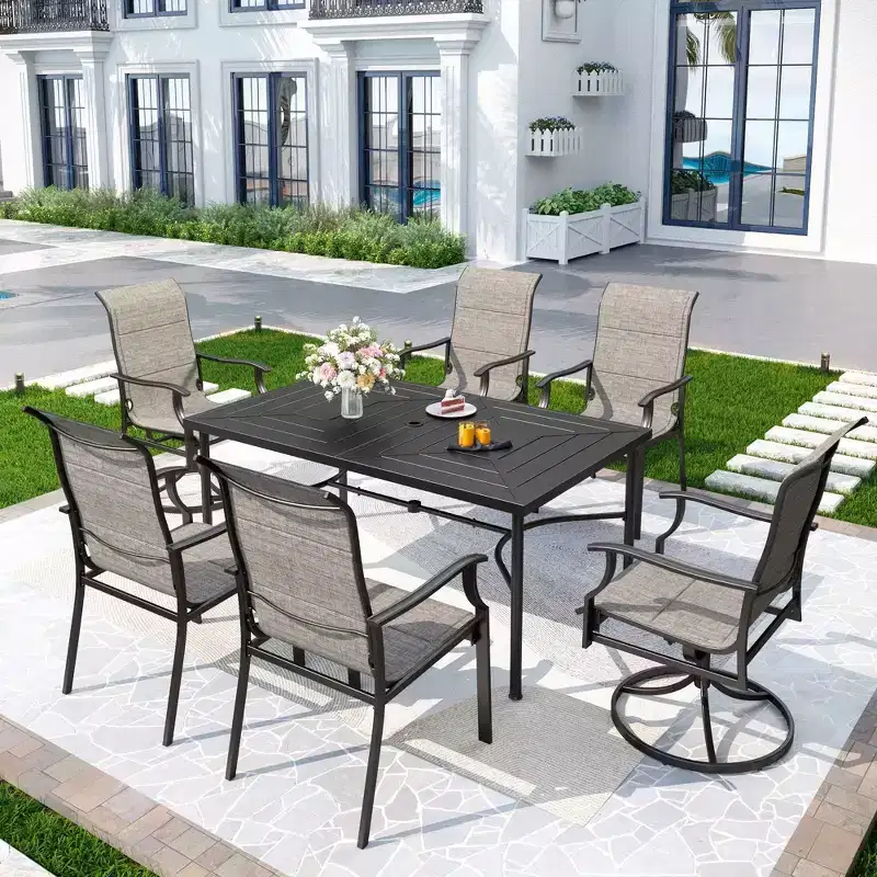 7pc Outdoor Dining Set with Rectangular Table with 1.9" Umbrella Hole & Padded Textilene Chairs - Gray/Black - Captiva Designs: Steel Frame