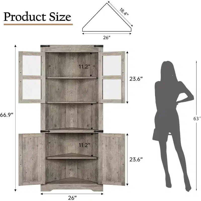 67 Inch Tall Corner Cabinet with Glass Door, Freestanding Wooden Corner Storage Cabinet with Adjustable Shelves, Space Saving Design, for Bathroom