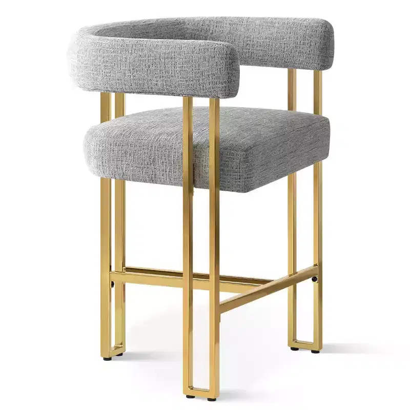 Set of 3 Counter Height Bar Stools with Backs and Arms, Modern Chenille Upholstered Kitchen Island Chairs with Gold Metal Legs - Panipeachy