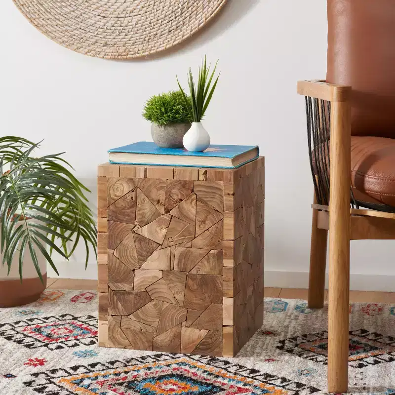 Forbes Teak Square Stool - FOX1007 - Medium Oak - Safavieh Couture