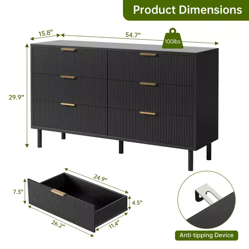 Wave Fluted Dresser with Anti-Tipping Device, Large Wood Nightstand with Storage and Metal Legs