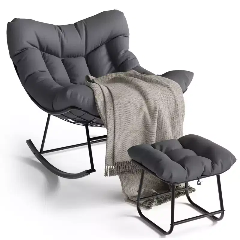 Lounge Chair with Footrest, Indoor/Outdoor Rocking Chair with Ottoman and Metal Frame, Patio Rattan Egg Rocker for Balcony Backyard Porch Bedroom