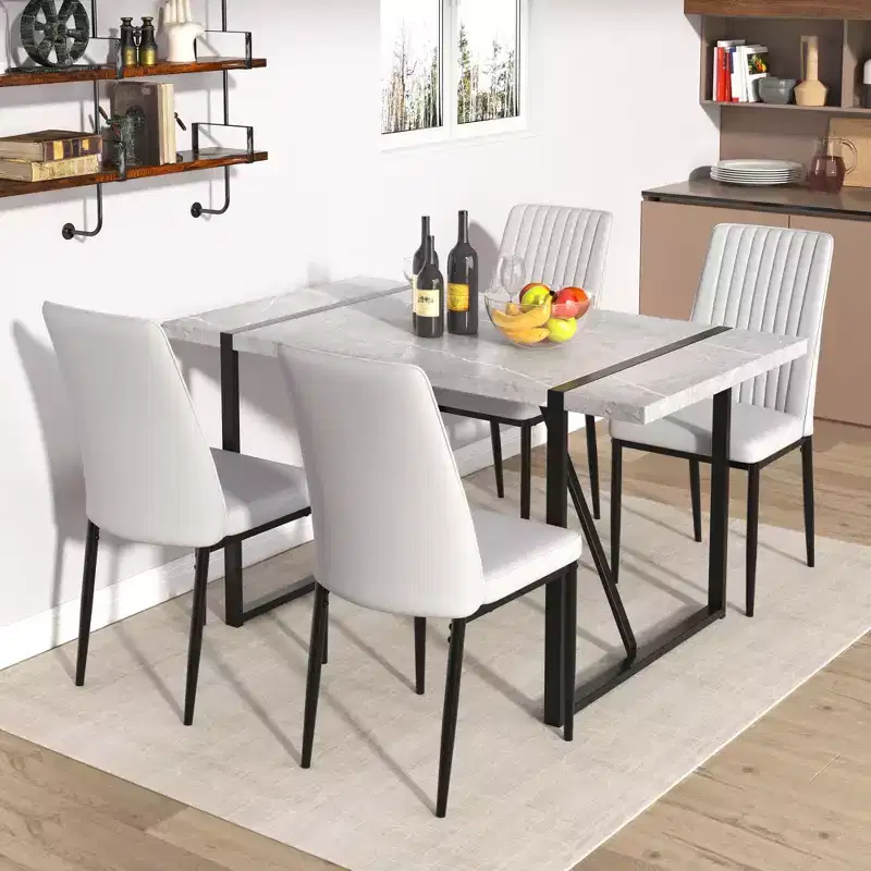 Rectangular Dining Table with Faux Marble Top and Metal Base, Kitchen Table for 6, Gray