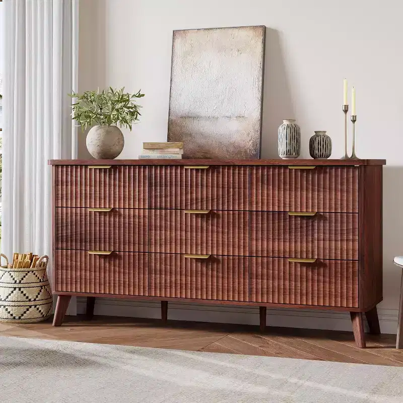 Modern 9 Drawer Dresser for Bedroom, Wide Ribbed Dresser with Golden Handles, Sturdy Wooden Chest of Drawers for Living Room Hallway Entryway