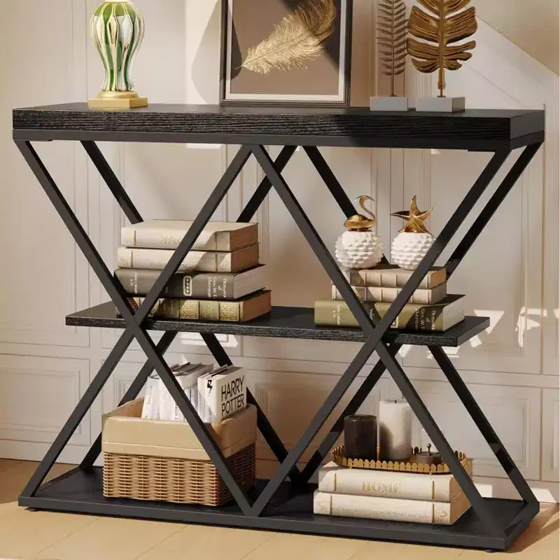COZONY 3-Tier Entryway Table, Industrial Console Sofa Table with Storage, X-Shaped Metal Frame, Open Shelves for Entryway, Hallway, Living Room