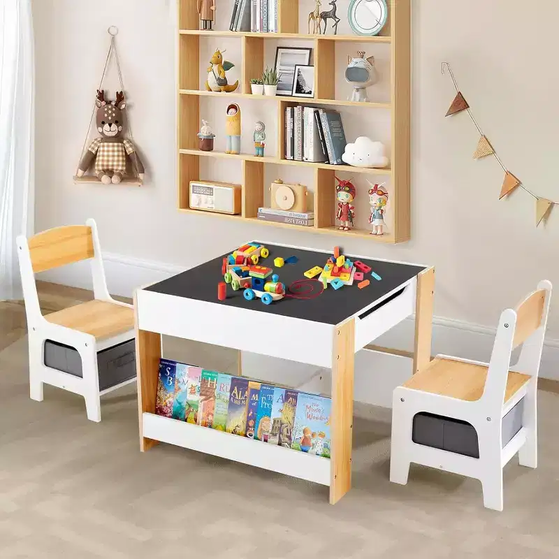 Kids Table and Chair Set,4 in 1 Toddler Desk with Storage Drawer, 2 in 1 Detachable Tabletop for Classroom,Home,Playroom (White)