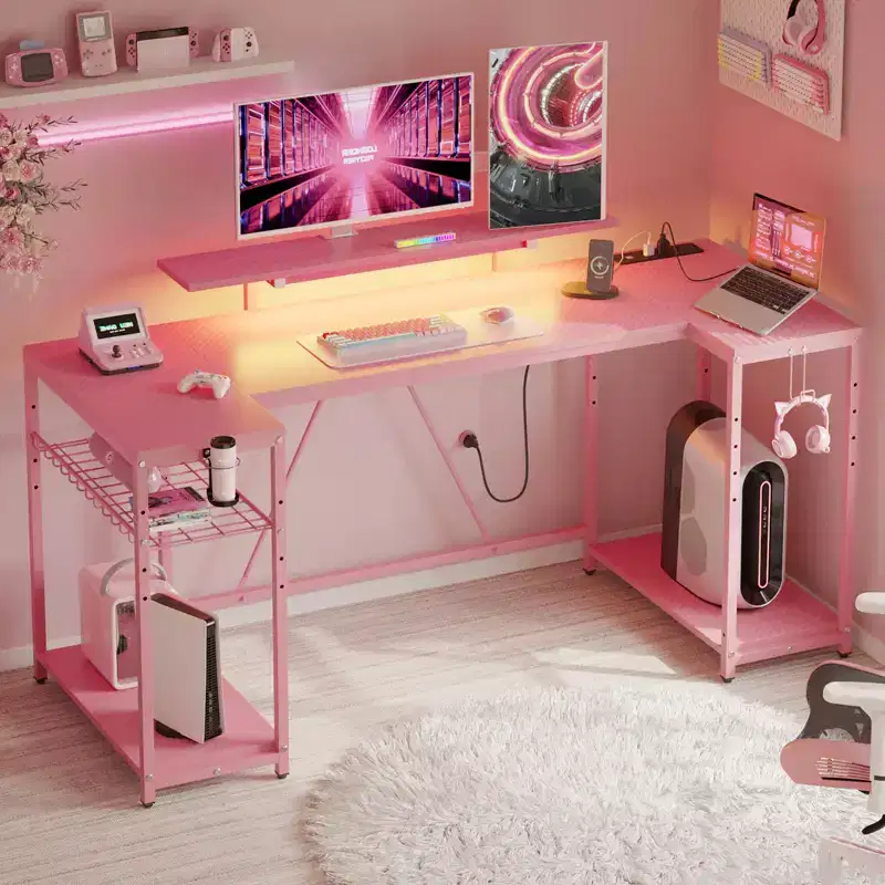 Bestier 63 Inch U Shaped LED Gaming Desk with Power Outlets