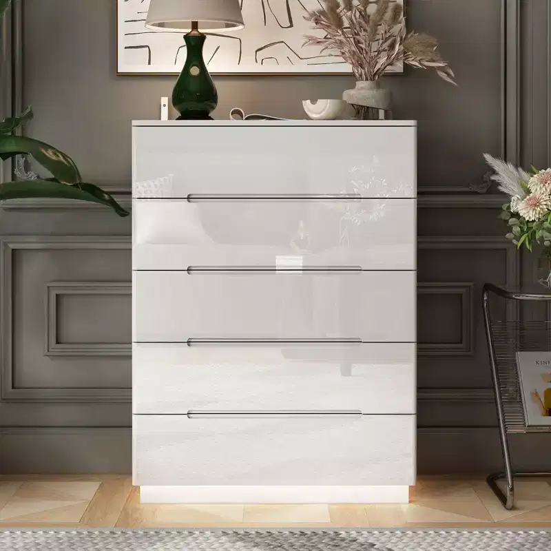 High Gloss 5 Drawer Dresser with Underlight, Concealed Handle Chest of Drawers