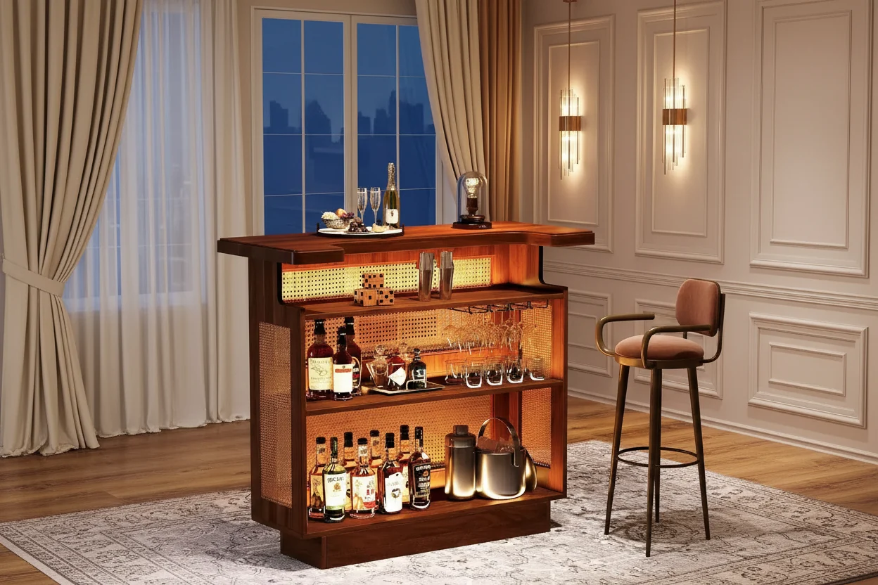 Farmhouse Rattan Home Bar Unit | 4-Tier, 4 Stemware Racks, Holds 24 Bottles